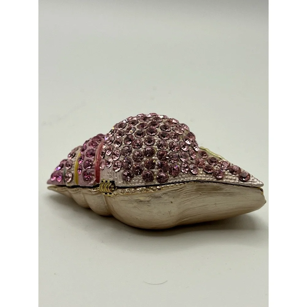 Pink Coastal Conch Seashell Trinket Box, Magnetic Hinged Jeweled Rhinestones